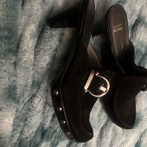 Stuart Weitzman Black Suede Mules with Silver Buckle